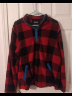 Bonobos Men's Red and Black Buffalo Plaid Pullover Sweater with Blue Trim